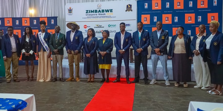 Participants stand together on stage in front of the Zimbabwe Diaspora Week 2026 backdrop.